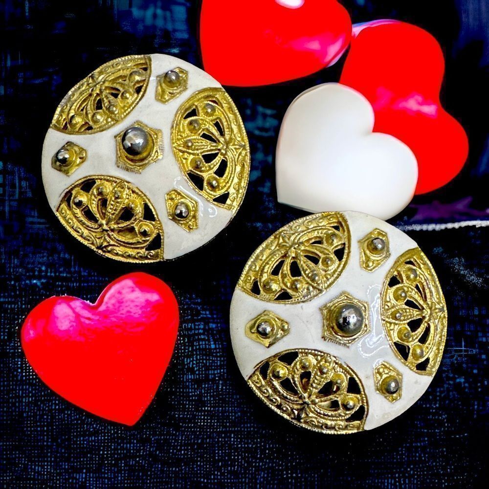 Vintage Les Bernard large open work gold silver cream enamel exotic earrings